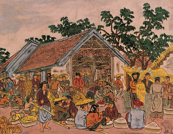 Nhong Market (colored woodcut, 1958)