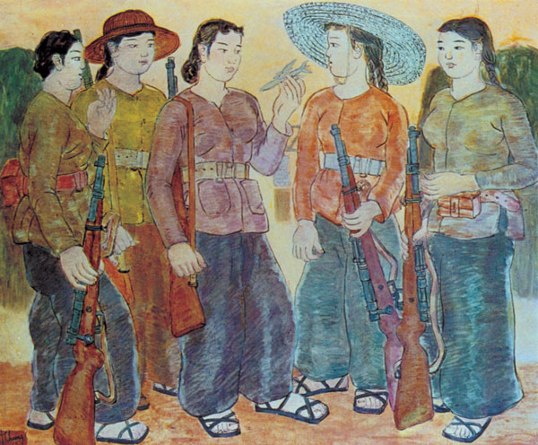Female militants share experiences in shooting bombers (oil painting, 1971)
